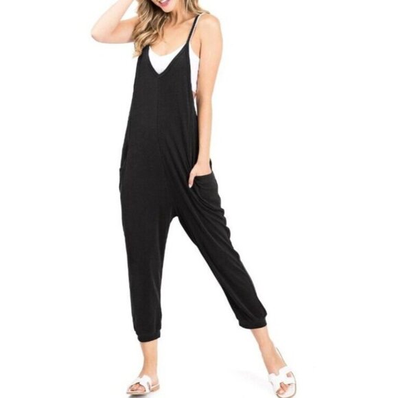 Lana Roux Jumpsuit Womens M Black Cropped Baggy‎ Harem Stretch Racerback Rayon - Picture 1 of 12